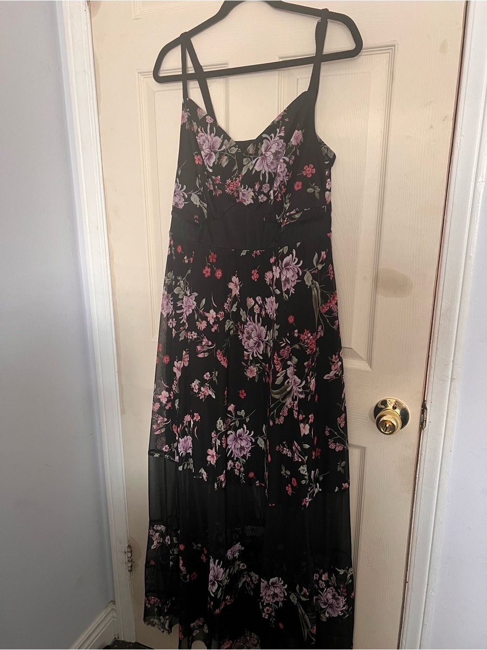 torrid Black Floral Spaghetti-Strap Maxi Dress with Pink & Lavender Blooms